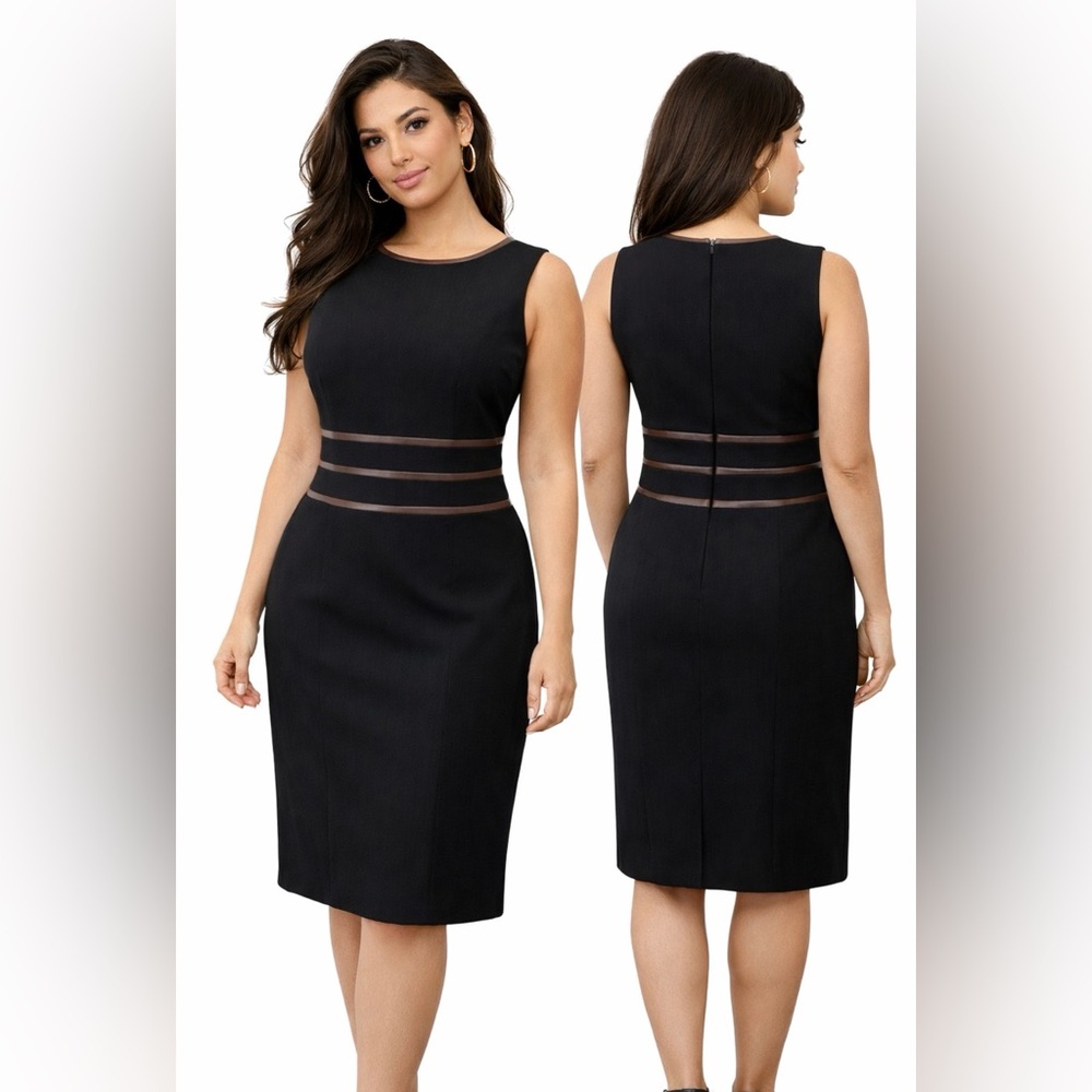 Ralph Lauren Sheath Dress 8 Black Brown Leather Trim Career Stretch Sleeveless